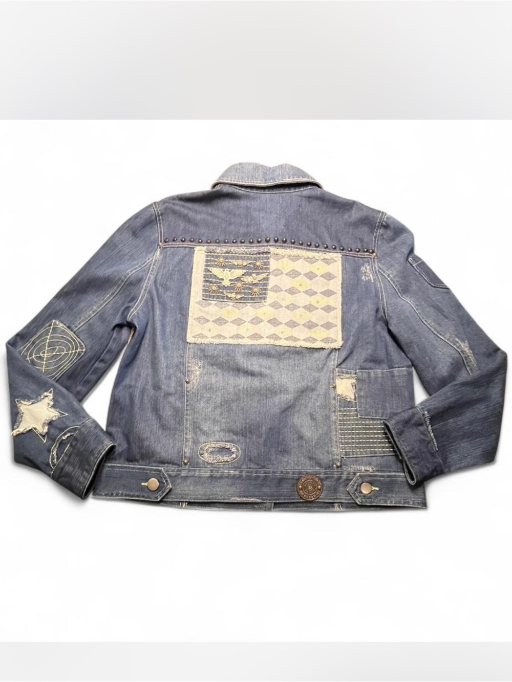 NWT Double D Ranch denim jacket with studs, turquoise charms, and patches, XL